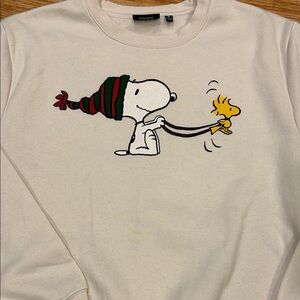 Peanuts Snoopy Woodstock Childhood Core Cream Sweater w/Red & Green Winter Sled
